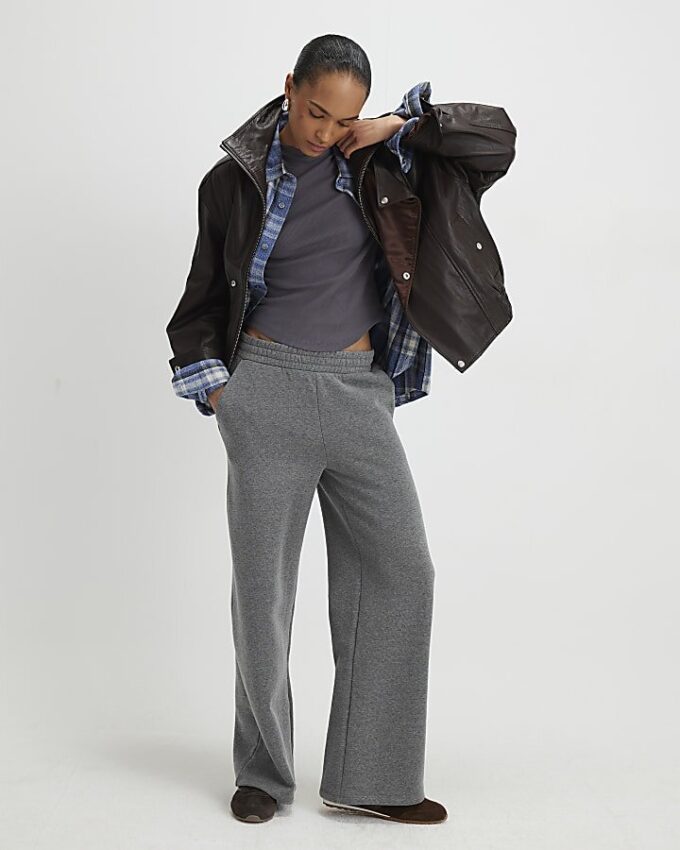 Grey Long Sleeve Ribbed Crew Neck Top