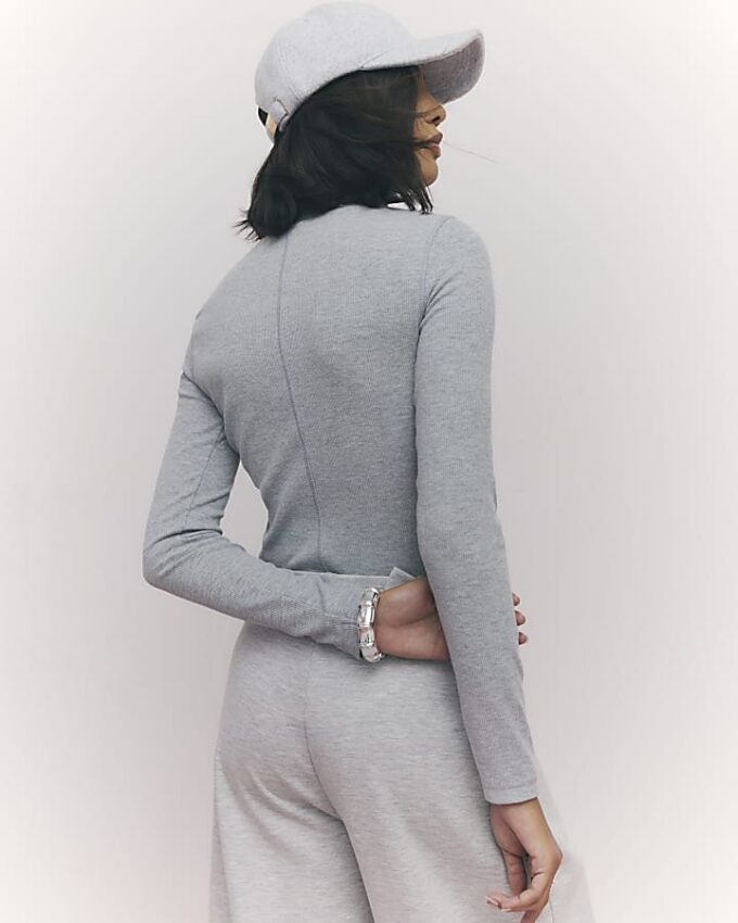 Grey Long Sleeve Ribbed Crew Neck Top