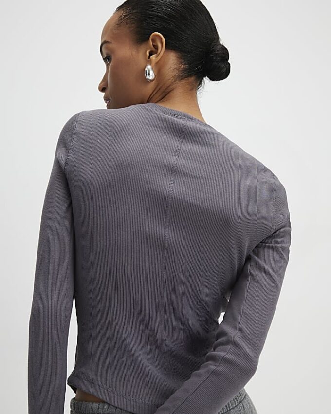 Grey Long Sleeve Ribbed Crew Neck Top
