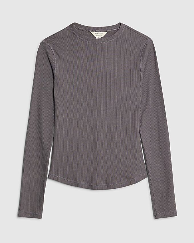 Grey Long Sleeve Ribbed Crew Neck Top