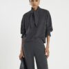 Grey Long Sleeve Scarf Tie Neck Cosy Top