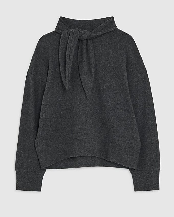 Grey Long Sleeve Scarf Tie Neck Cosy Top