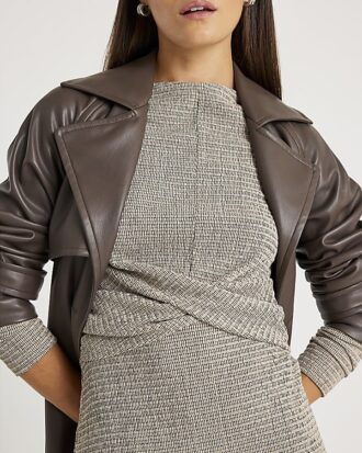 Grey Long Sleeve Textured Twist Front Top