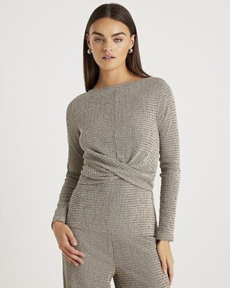 Grey Long Sleeve Textured Twist Front Top