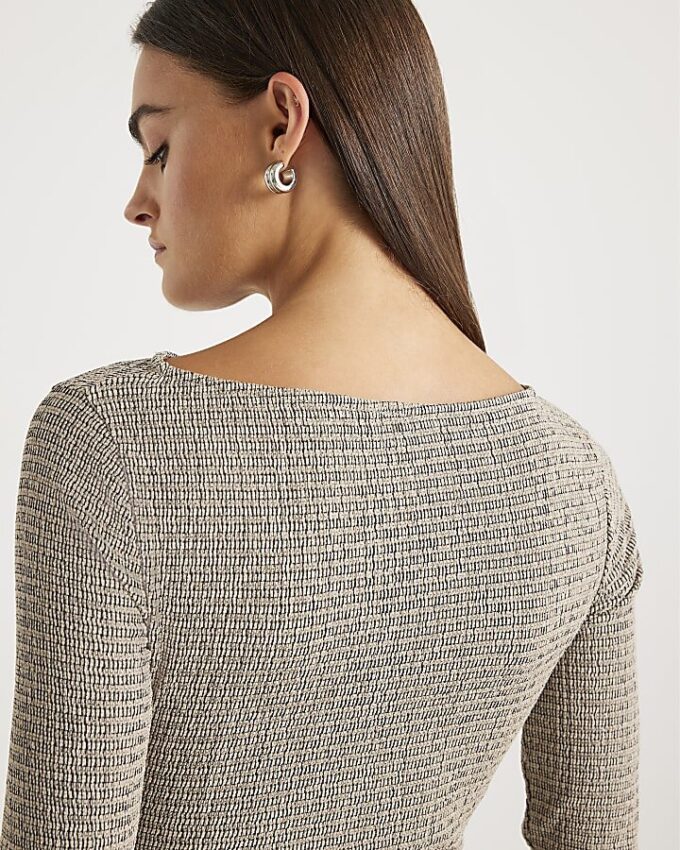 Grey Long Sleeve Textured Twist Front Top