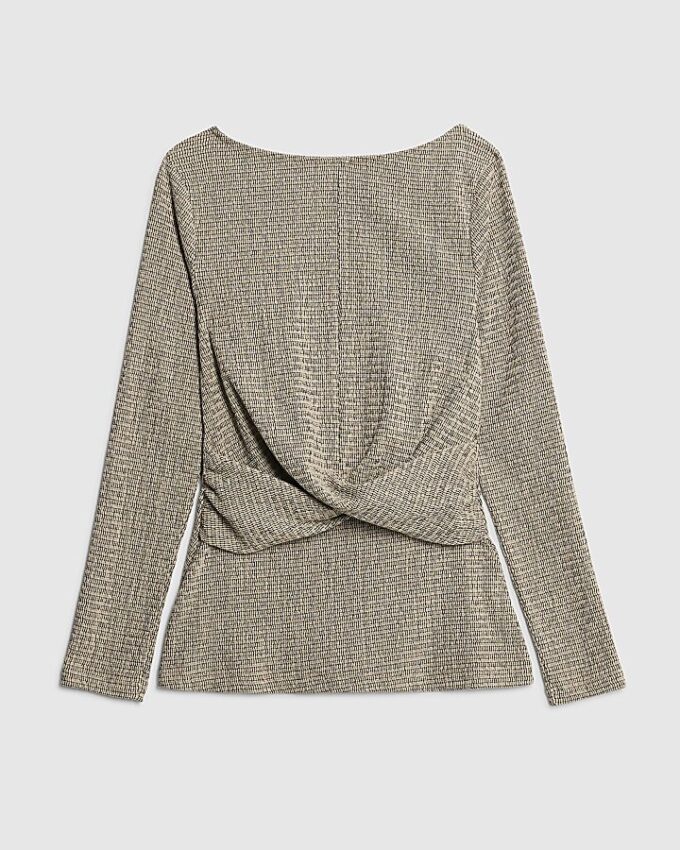 Grey Long Sleeve Textured Twist Front Top