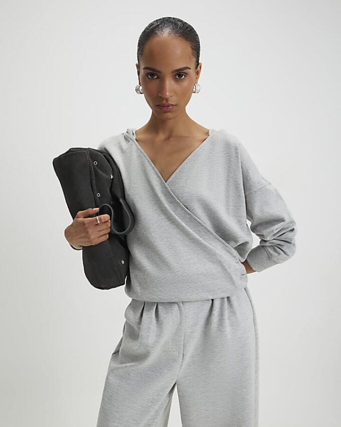 Grey Long Sleeve Wrap Front Hoodie
