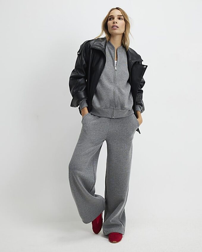 Grey Long Sleeve Zip Up Bomber Sweatshirt