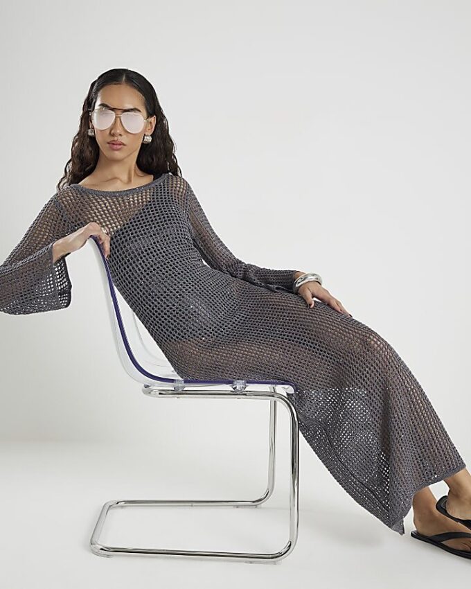 Grey Lurex Long Sleeve Maxi Beach Dress