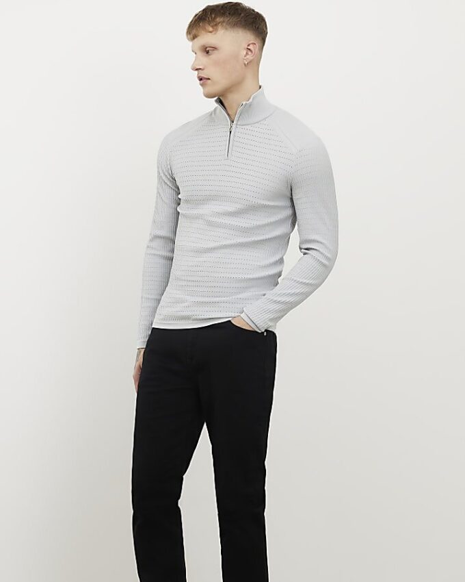 Grey Muscle Fit Knitted Funnel Jumper