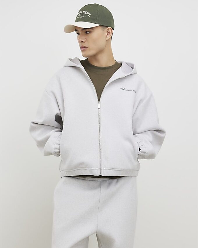 Grey Oversized Fit Zip Through Hoodie