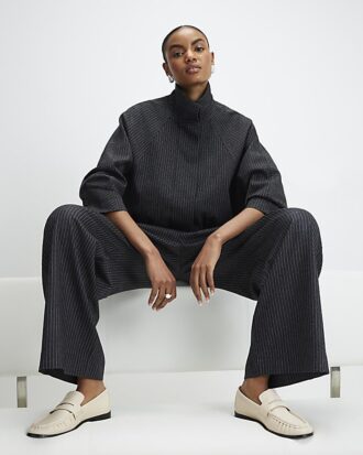 Grey Pinstripe Funnel Neck Bomber Jacket