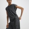 Grey Pinstripe Short Sleeve Tie Detail Top