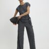 Grey Pinstripe Short Sleeve Tie Detail Top