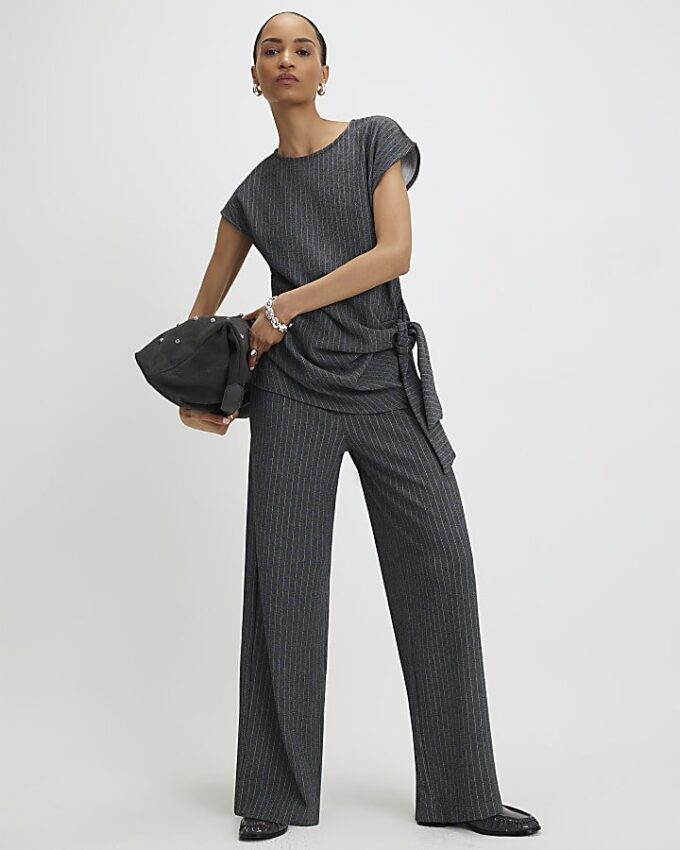 Grey Pinstripe Short Sleeve Tie Detail Top