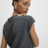 Grey Pinstripe Short Sleeve Tie Detail Top