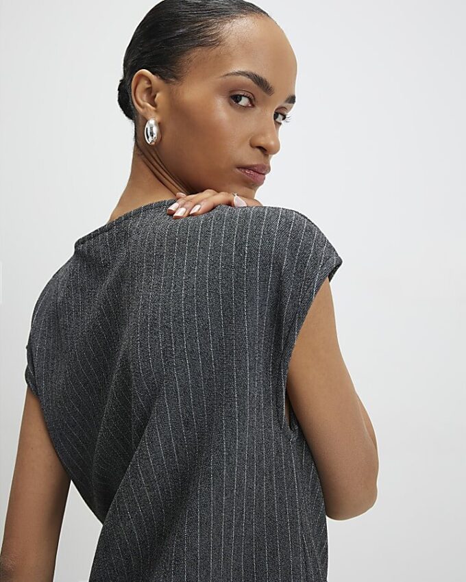 Grey Pinstripe Short Sleeve Tie Detail Top