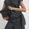 Grey Pinstripe Short Sleeve Tie Detail Top