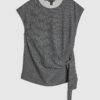 Grey Pinstripe Short Sleeve Tie Detail Top