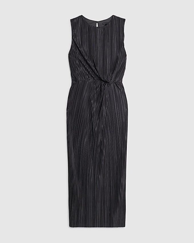 Grey Plisse Knot Side Midi Dress