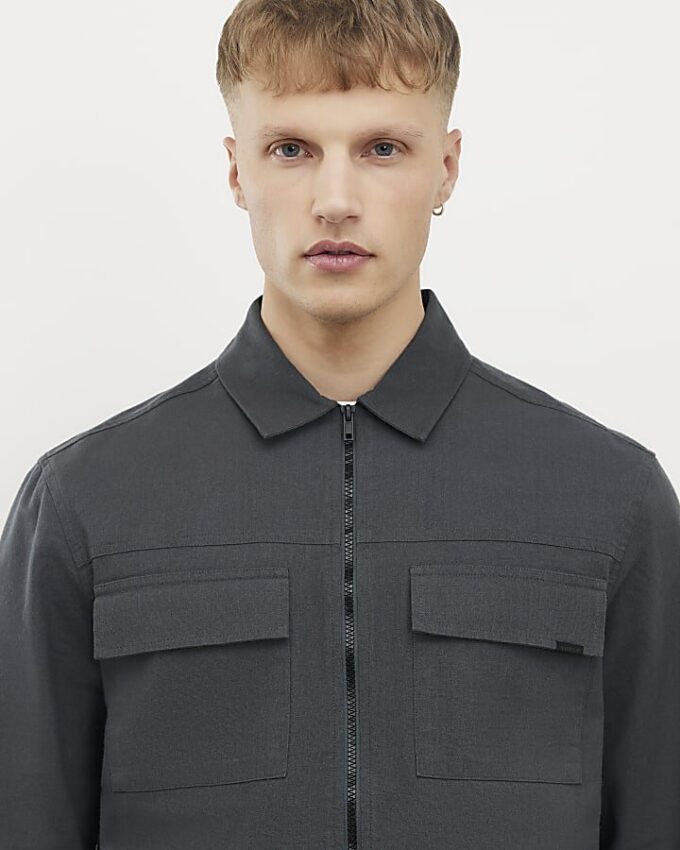 Grey Regular Fit Double Pocket Zip Overshirt