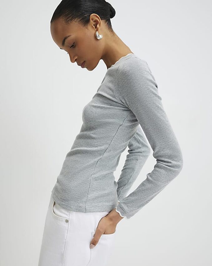 Grey Scallop Trim Long Sleeve T-Shirt