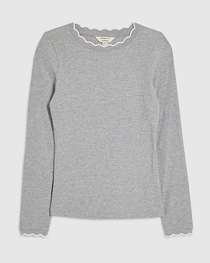 Grey Scallop Trim Long Sleeve T-Shirt