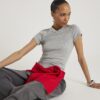 Grey Short Sleeve High V Neck Ribbed Top