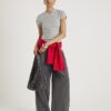 Grey Short Sleeve High V Neck Ribbed Top