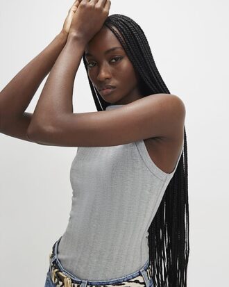 Grey Sleeveless Wide Ribbed Tank Top