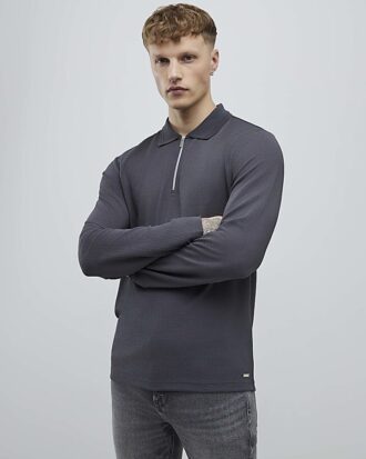 Grey Slim Fit Textured Quarter Zip Polo Shirt