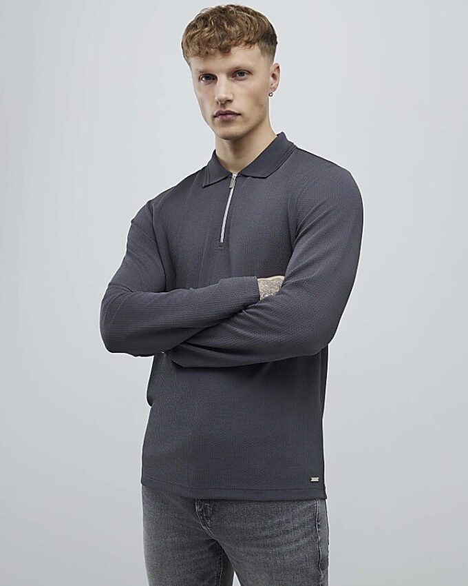 Grey Slim Fit Textured Quarter Zip Polo Shirt