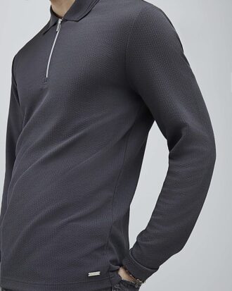 Grey Slim Fit Textured Quarter Zip Polo Shirt
