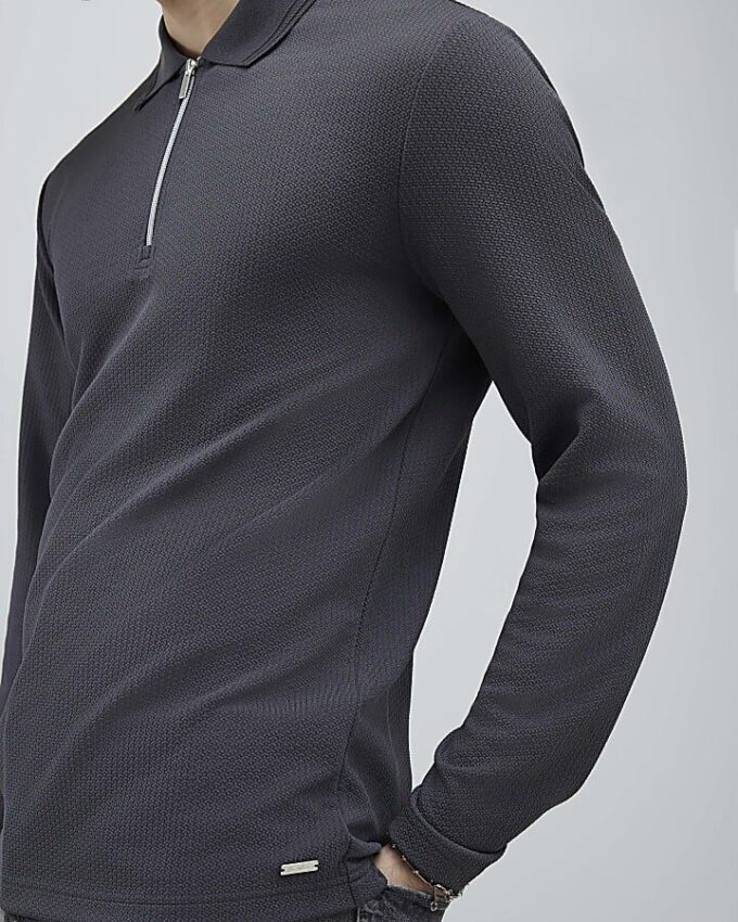 Grey Slim Fit Textured Quarter Zip Polo Shirt