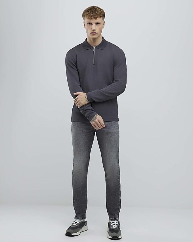 Grey Slim Fit Textured Quarter Zip Polo Shirt