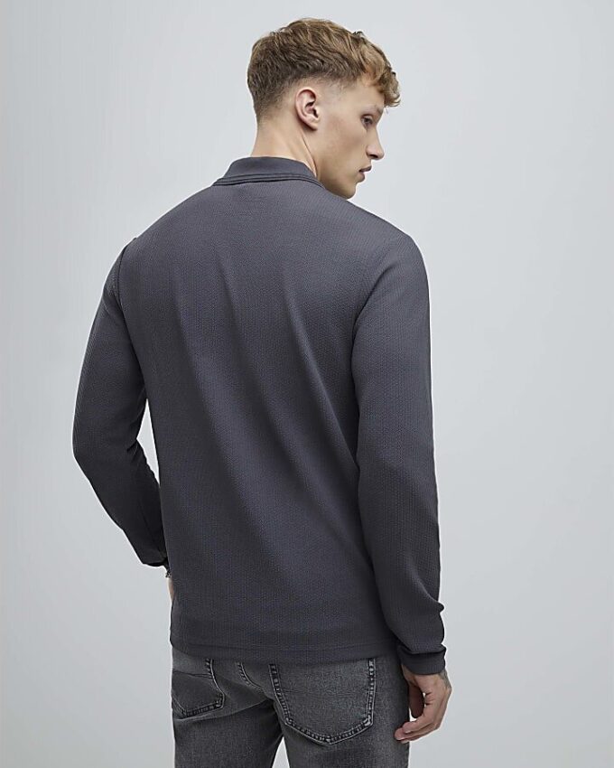Grey Slim Fit Textured Quarter Zip Polo Shirt