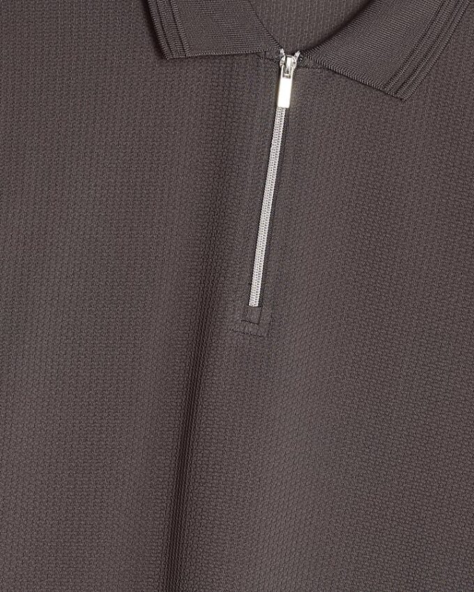Grey Slim Fit Textured Quarter Zip Polo Shirt