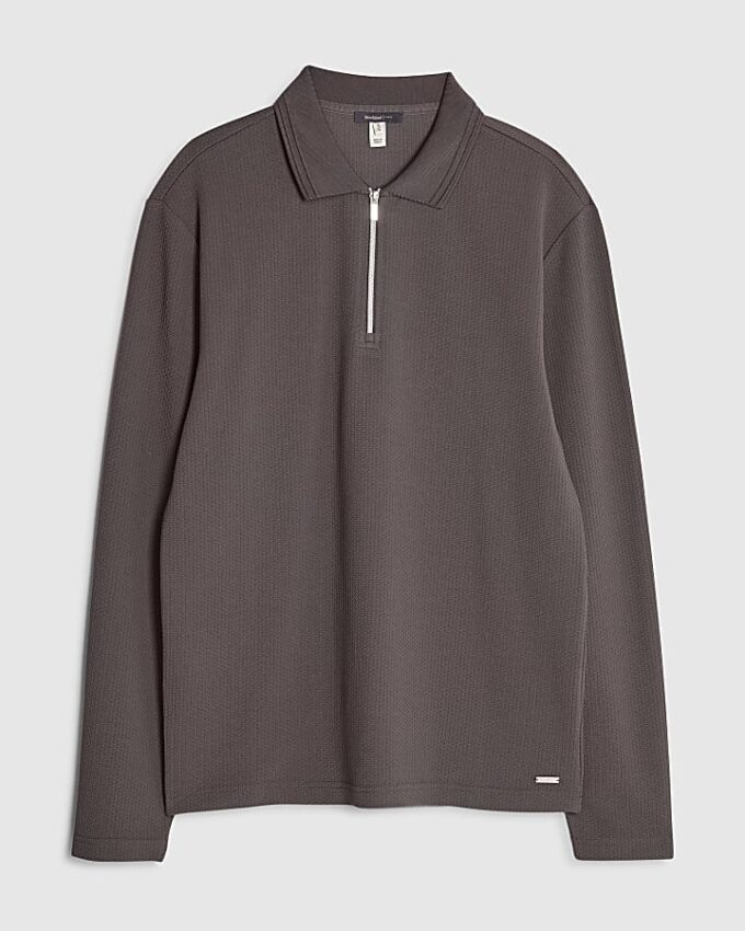 Grey Slim Fit Textured Quarter Zip Polo Shirt