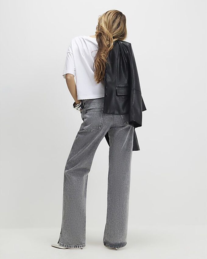 Grey Split Hem Straight Leg Jeans