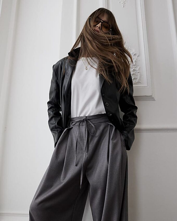 Grey Tie Front High Waisted Trouser