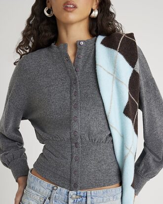 Grey Waisted Button through Top