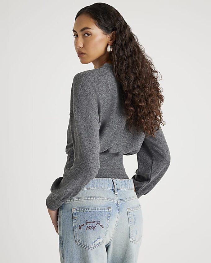 Grey Waisted Button through Top