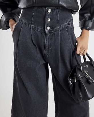 Grey Wide Leg Corset Button Up Jeans