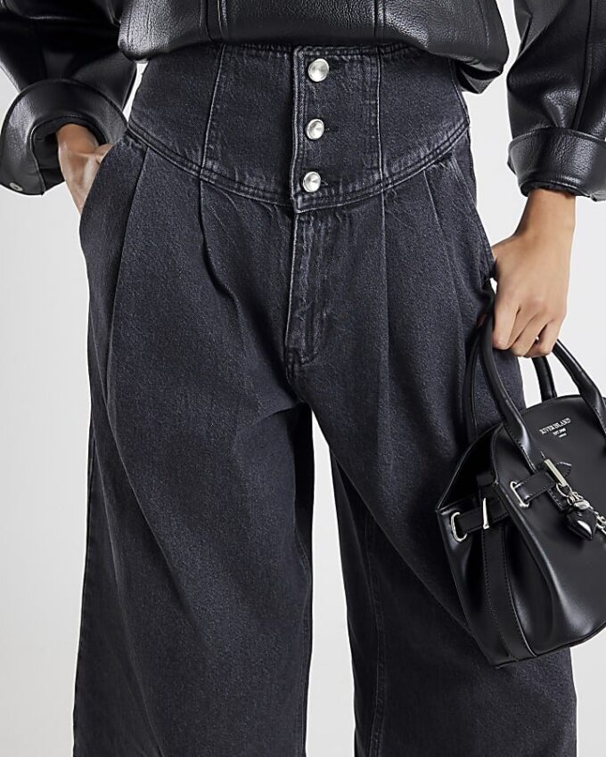 Grey Wide Leg Corset Button Up Jeans