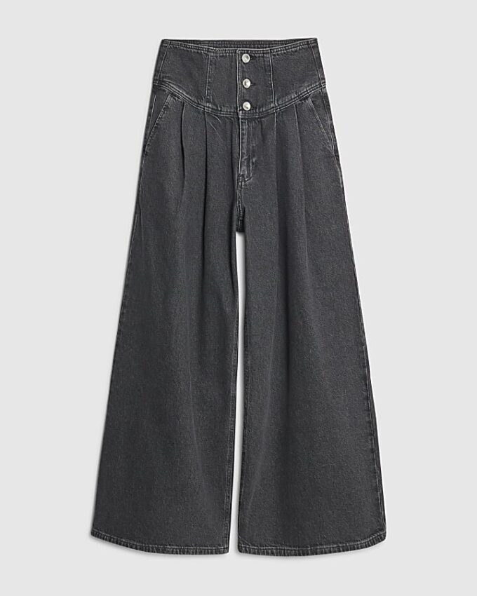 Grey Wide Leg Corset Button Up Jeans