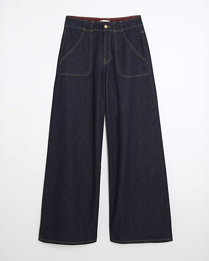 Indigo Mid Rise Tailored Baggy Wide Leg Jeans
