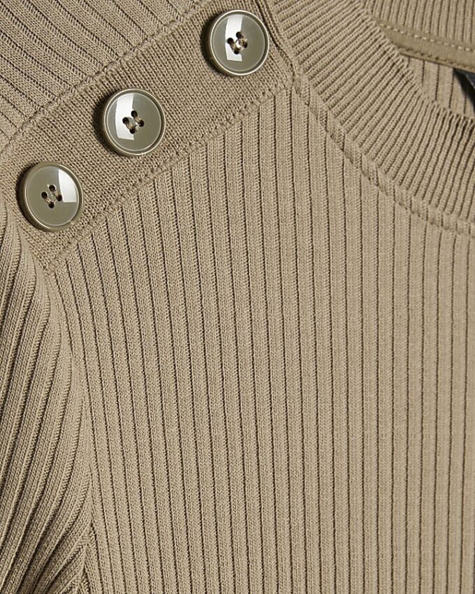 Khaki Button Shoulder Rib Top