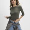 Khaki Cotton Long Sleeve Fitted Top