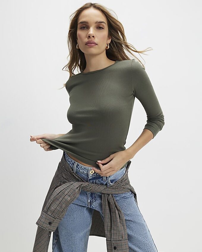 Khaki Cotton Long Sleeve Fitted Top