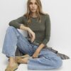 Khaki Cotton Long Sleeve Fitted Top